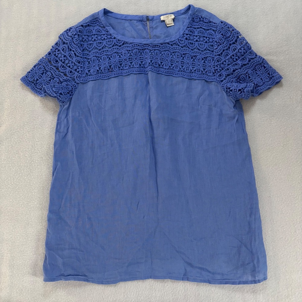 J.Crew Blue Linen Crochet Lace Yoke Short Sleeve Blouse C3489 Women Size 2